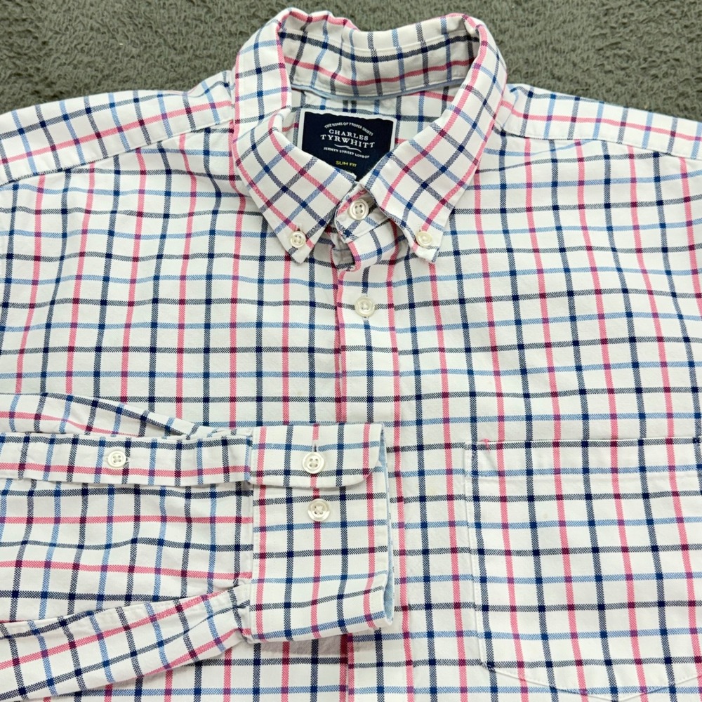 Charles Tyrwhitt Slim Fit Plaid Button Down Shirt Men's Large White Blue Pink